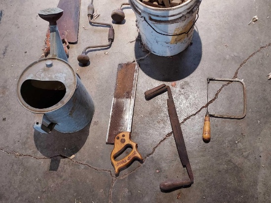 Vintage Hand Drills, Saws, Watering Can, & Bucket of Hand Tool Blades, Parts, & etc.