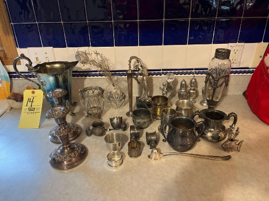 large lot of pewter & silver plate items