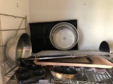 baskets, tray, skillet, muffin pan, plastic refrigerator bins