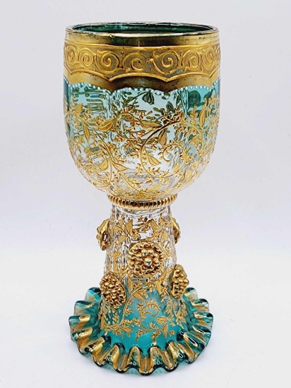 Exceptional Antique heavily enameled teal glass goblet