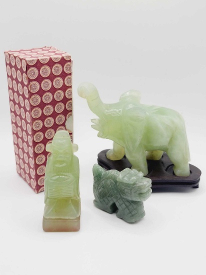 (3) jade / jadeite carvings: wax seal and elephant
