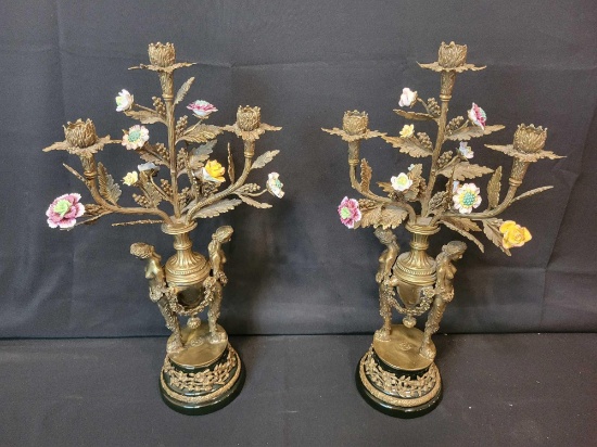 WL 1895 Antique bronze candelabras with lady figures and porcelain flowers