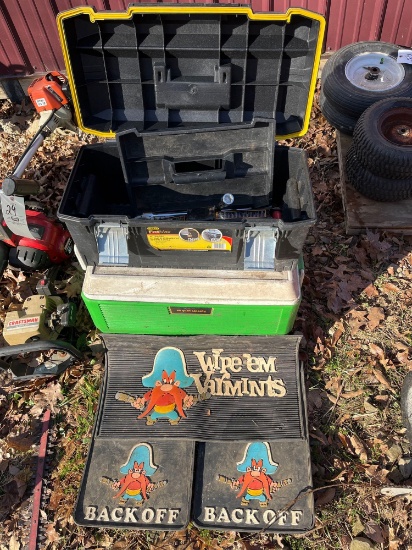 toolbox, mud flaps, cooler