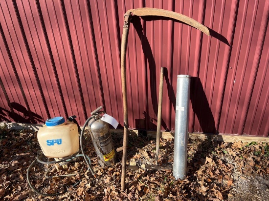 extinguisher, backpack sprayer, grain scrythe, stove pipe