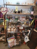 contents of wire shelf includes ornaments, figurines, canister set, and more
