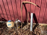 extinguisher, backpack sprayer, grain scrythe, stove pipe