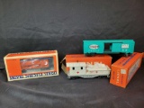Lionel First aid medical car and box car, Illuminated porthole caboose, O gauge