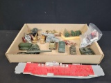 Box lot of vintage military metal toys, figures, lead soldiers, plastic carrier model