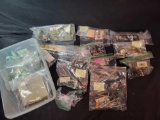 Small tote of assorted HO scale layout accessories, cars, lamp posts, houses and more