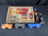 Metal Toy Cars and Figures, RR Crossing Signs, Train Cars