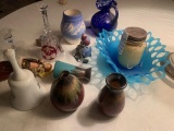 1 Hummel, Blue Fenton glass, other pottery, etc.
