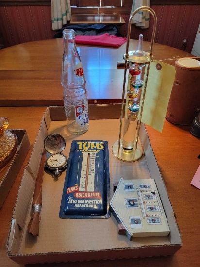 Tums advertising thermometer, Ohio presidents bottle, Hampden rough pocket watch