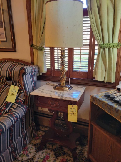 Matching Harp style marble top stands with brass lamps