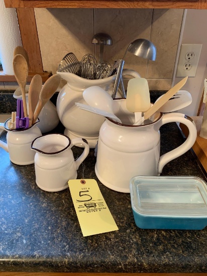 pottery pitchers, kitchen utensils