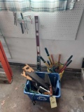 assortment of tools - saws, clippers, levels, extension cords, & more