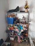 metal shelf unit & contents - outdoor decor, bird feeders, mower bag, fire logs, & more