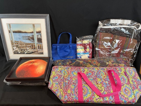 Longaberger cooler bags, lunch box, artwork, blanket