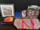 Longaberger cooler bags, lunch box, artwork, blanket