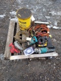 pallet of corded power tools, extension cords, oil waste can, and more