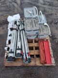 pallet of six containers of stone gray easy joint, laser instrument tripods, and reflector toolbox