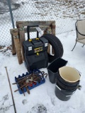 saw horses, Stanley toolbox cart, assortment of hand tools and drill bits, buckets, and Tire