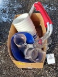 box of beer mugs, cups, small Bud Light buckets, and folding seat