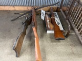 Gun stock, pistol crossbow, two old wood crossbows