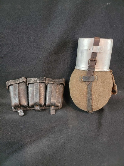 WWII WW2 German Canteen with Cup and 3 section ammo pouch