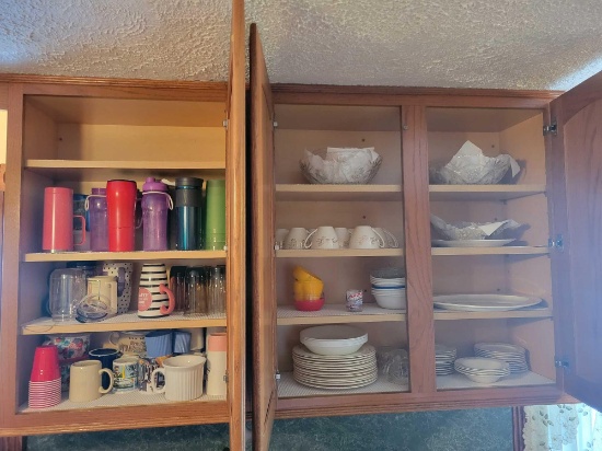 Contents of kitchen cupboards, china set, utensils, canisters, small dog dish, cleaners