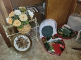 Metal quilt rack, floral frame, wreathes decor and shoes