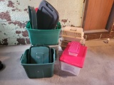 Group of assorted totes and pet carrier