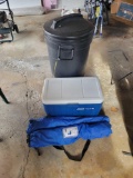 Trash can, cooler and 2 camp chairs