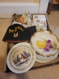 Collector plates, Tadmoor shriners hat, fenton bell, figurines