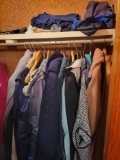 Contents of closet, coats, gloves, scarfs, bowling ball