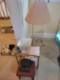 Brass floor lamp, small side stand and stool