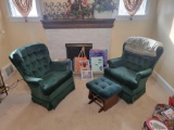 Pair of green swivel upholstered chairs and stool