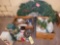 Large wreath, snowman decor, village house trees, manger scene