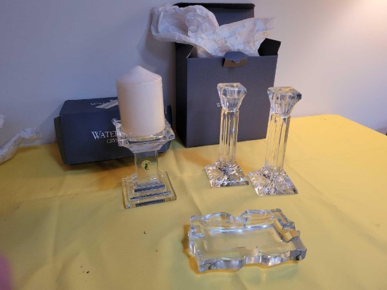 Pair of Waterford candlesticks, and Baccart ash tray with chip on edge