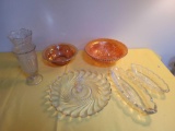 Press glass doughnut tray, vases, carnival bowls and dishes