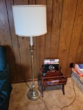 Brass floor lamp and mahogany magazine rack