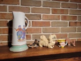 Antique pitcher, german covered dog, donkey figures