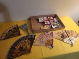 Vintage hand fans, and costume jewelry, broaches, watch