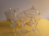 Waterford vase, candlestick and unmarked covered nut compote