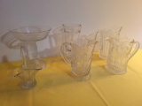 Press glass antique pitchers, glass basket, Eapg frosted 3 faces compote