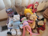 Raggedy Ann and Andy dolls, bears, stuffed animals