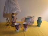 Antique china pictcher, mugs, newer lamp and vase