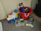 Tub of toys, hotwheels, cases and plastic parking garage