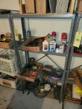 Shelf and contents, grinding wheels, sprays, hand tools, tile pieces