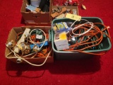 Box and tote of power cords, power strip and lighting