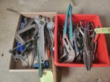 2 Boxes of snips, cutters, pliers, channel locks, clamp and more